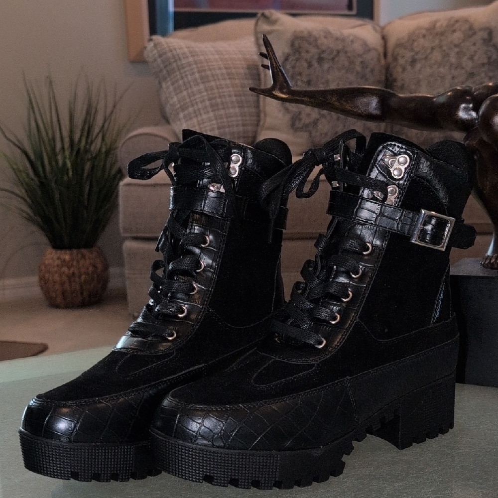 Black Women's Chunky Lace-Up Ankle Boots US 9 UK 7 - Picture 4 of 11